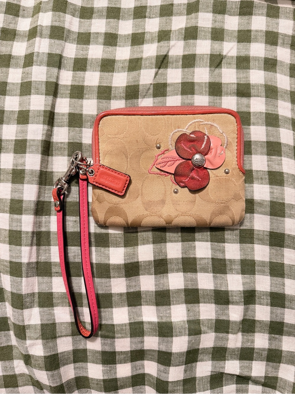 Coach Beige Signature Canvas Wristlet with Coral Trim & Red Floral Applique